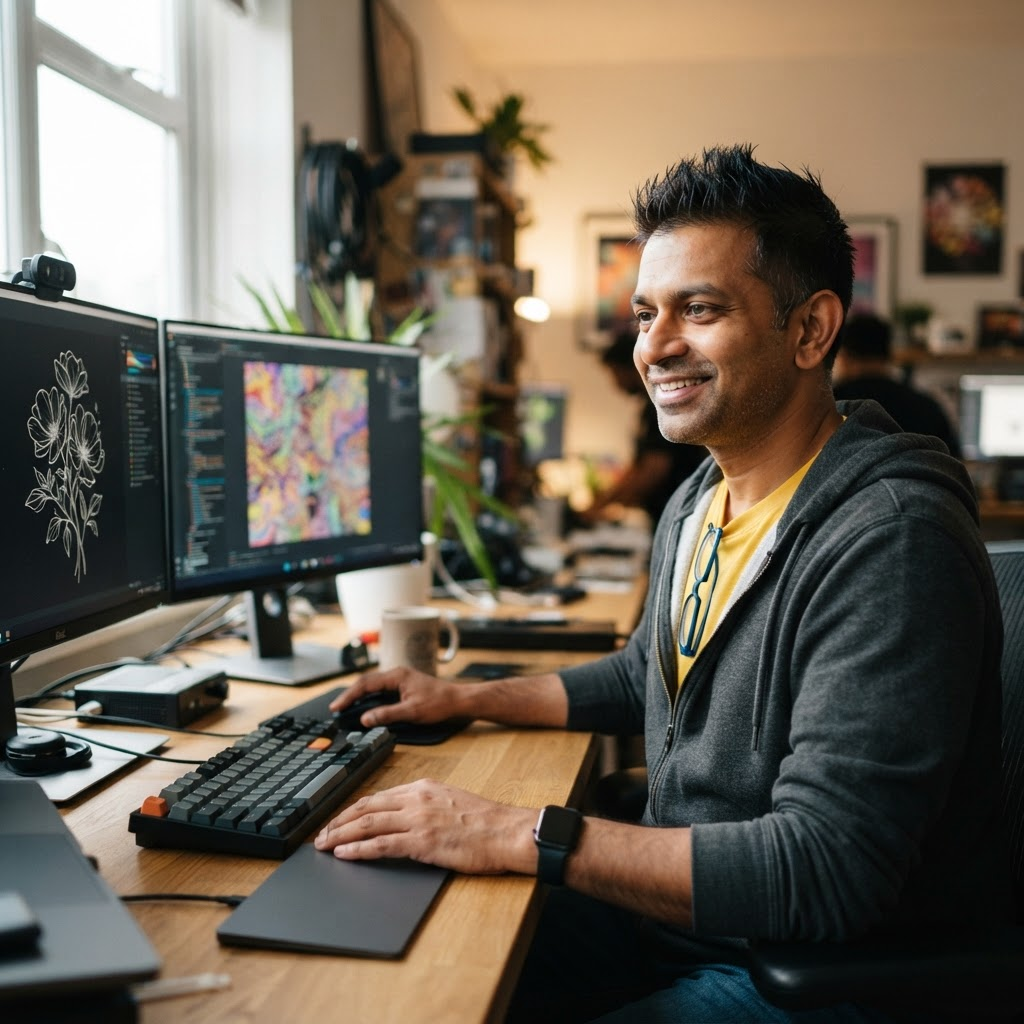 Amal Tunga, founder of AiMAL, working in the AI media studio with screens of generative art